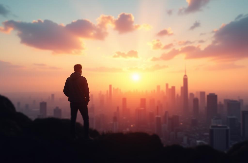 A person looking optimistically at a cityscape, symbolizing career possibilities.